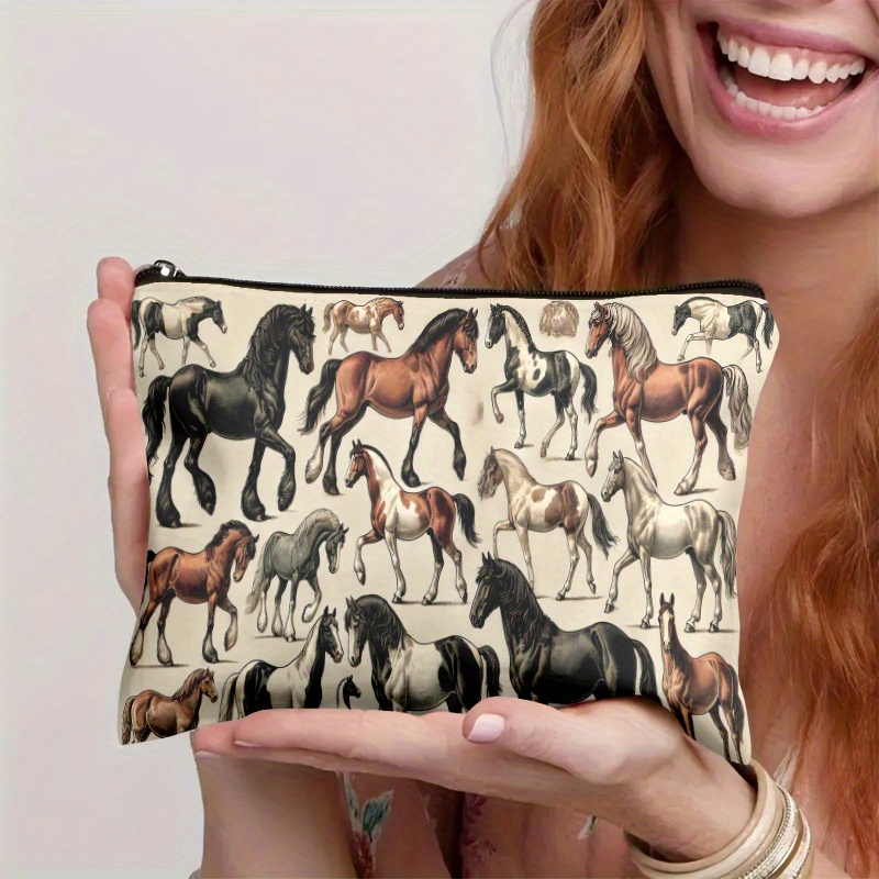 TEMU 1pc, Fashionable Horse Types And Poses, Lightweight Double-sided Makeup Bag With Zipper And Stylish Design, Suitable For Travel And Daily Use As