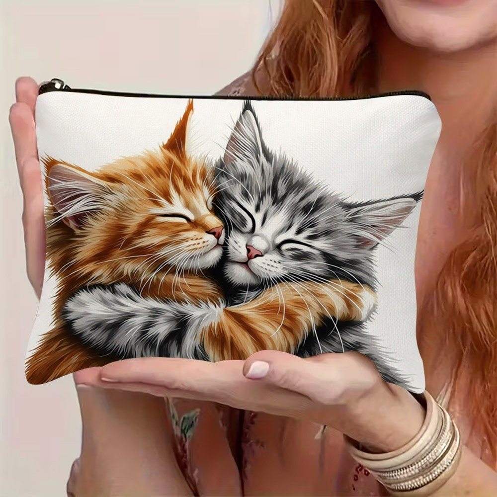 TEMU 1 pz. Pochette cosmetica 2D con stampa piatta e motivo di gattini abbracciati, chiusura con cerniera, custodia e resistente, accessorio a tema