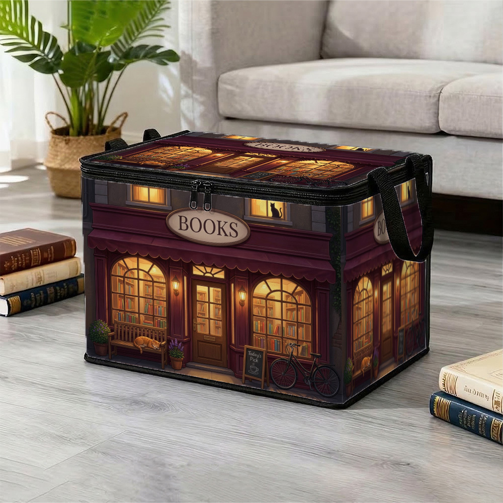 TEMU 1pc Vintage Cozy Illuminated Bookstore And Bicycle Extra Large Moving Bag Storage Box For Blankets Bedding Clothes, Heavy Duty Wardrobe Closet