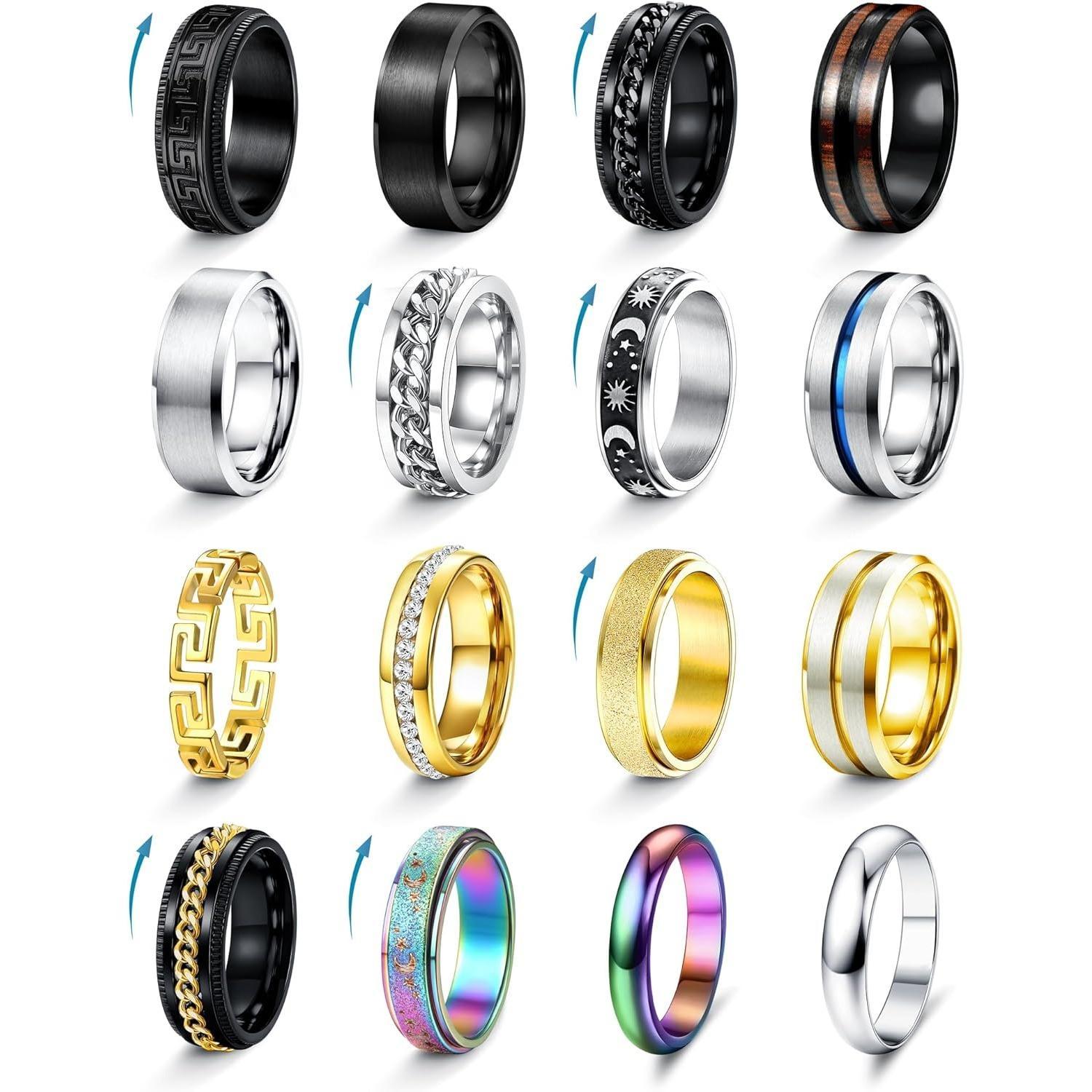 Image of 16pcs Stainless Steel Fidget Rings For Men Women Rings Cool Male Band Rings Chain Spinner Rings Fashion Anxiety Rings Pack Size 7-13 An Ideal Birthday's Perfect Gift, Father's Day