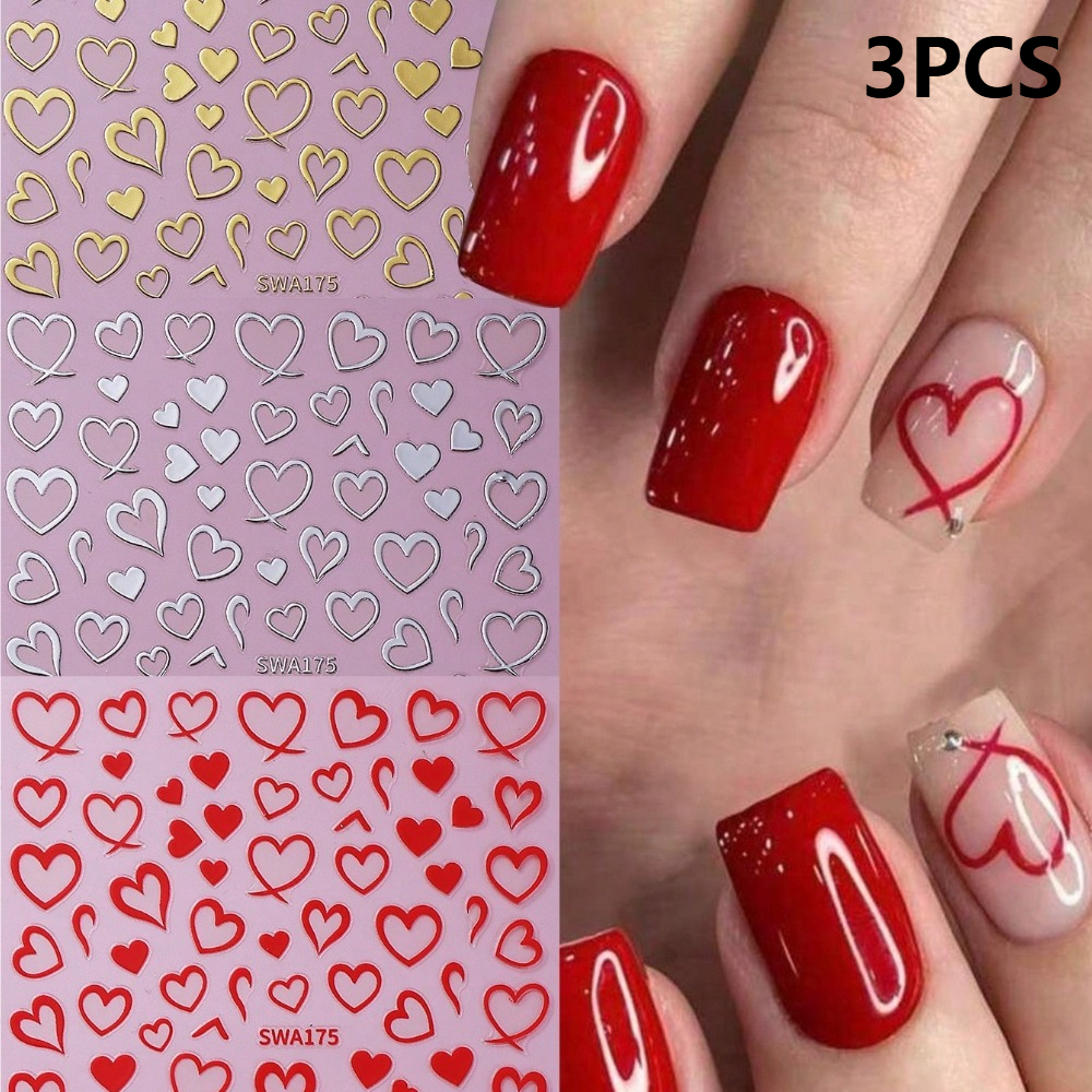 Image of 3pcs Heart Nail Stickers, Valentine's Day Themed Red, Golden, And Silvery Hollowed-out Heart Self-adhesive Nail Decals, Diy Valentine's Day Nail Decorations, Nail Supplies