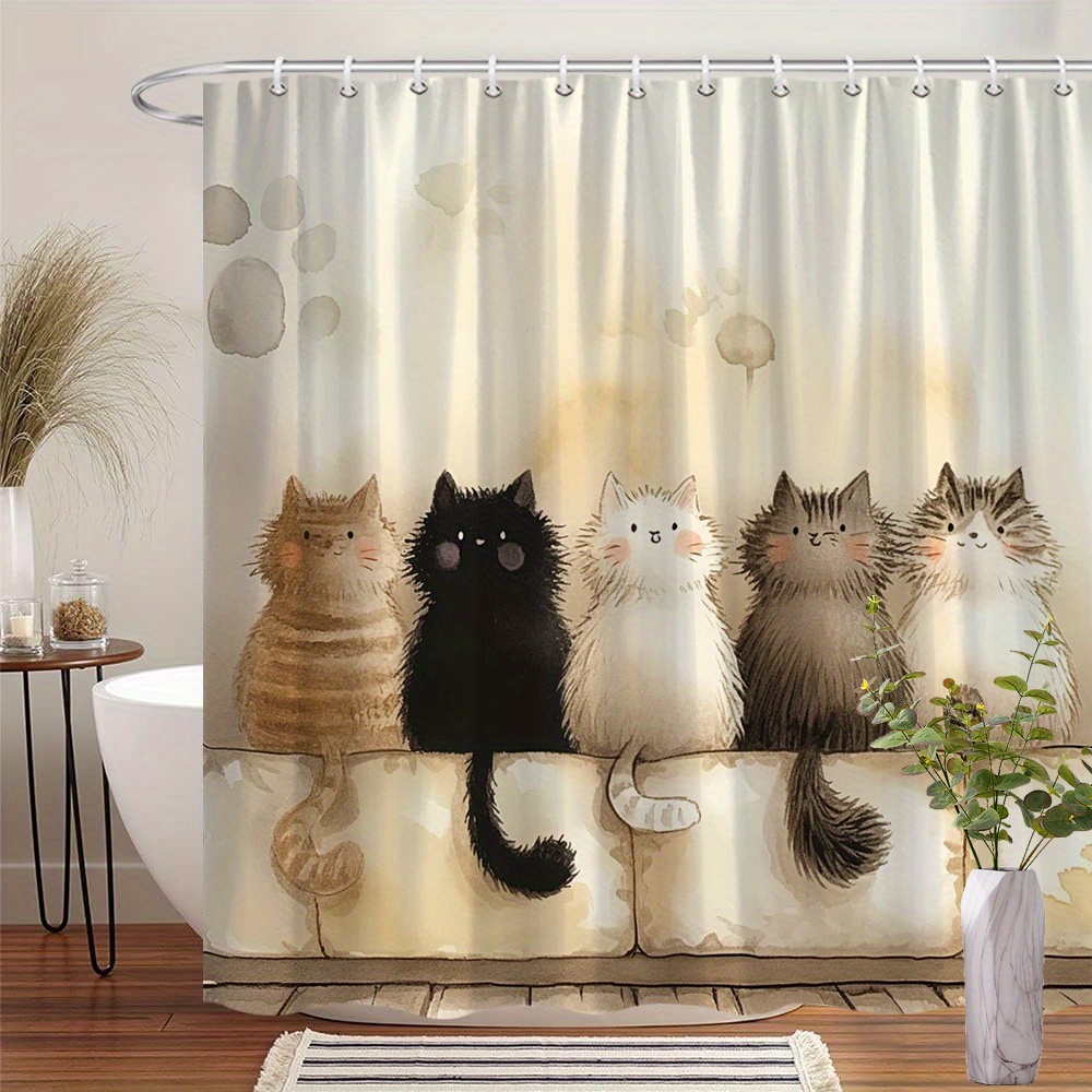 TEMU 1pc Cozy Cat Shower Curtain - 5 Fluffy Cats On Stone Ledge With Soft Beige Background, Whimsical Design, 70.86x70.86 Inch, 12 Hooks, Machine