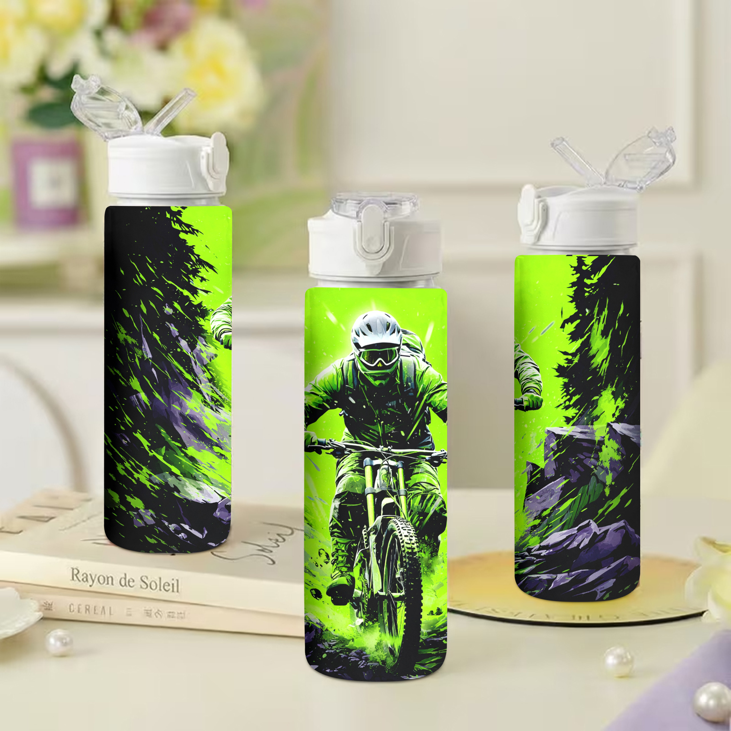 TEMU 1pc Mountain Biking Sports Print, 750ml/26oz Plastic Sports Water Bottle, Cute Print, Leak-proof With Pop-up Lid, Lightweight, Durable, Large