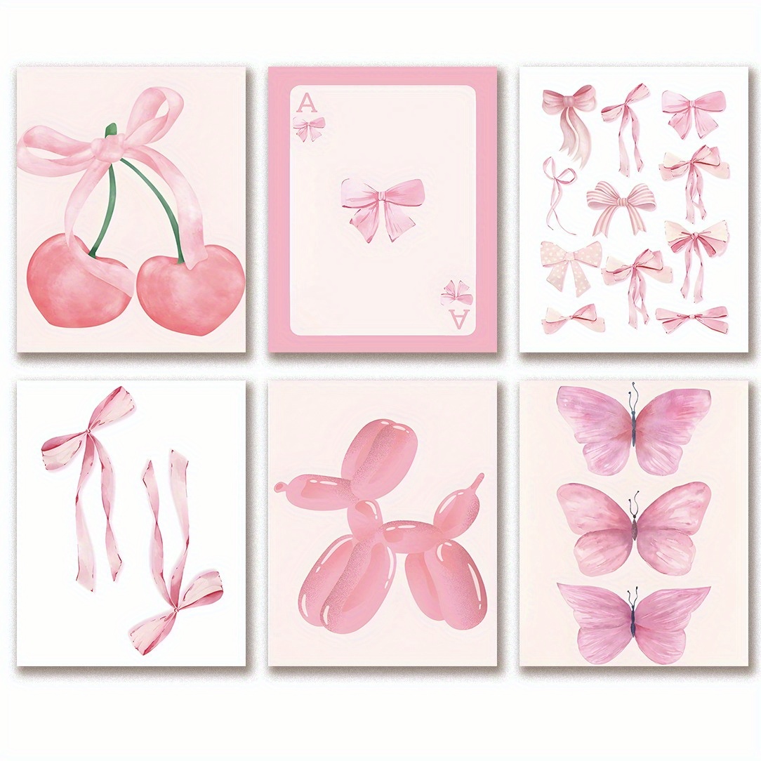 

Set Of 6 Stylish Pink Wall Art Prints Featuring Coquette Themes, Including Bows, Cherries, And Butterflies, Decorating College Dorms Or Bedrooms. Each Poster Measures 8x10 Inches.