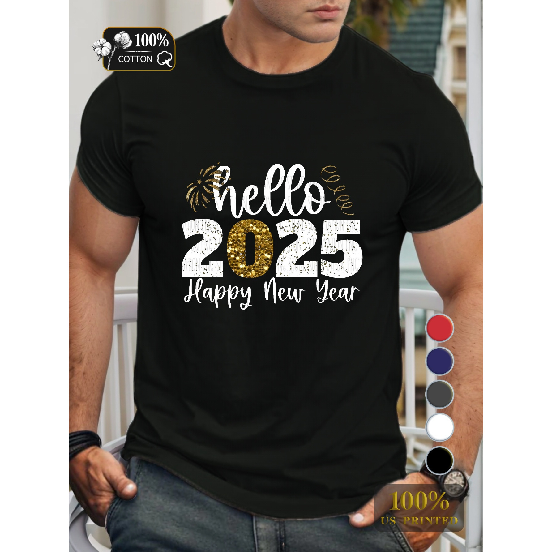 

Happy New Year Men's Pure Cotton T-shirt - Fit, Short Sleeve, Round Neck, Casual Printed Design, Short Sleeve, Round Neck, Casual Printed Design
