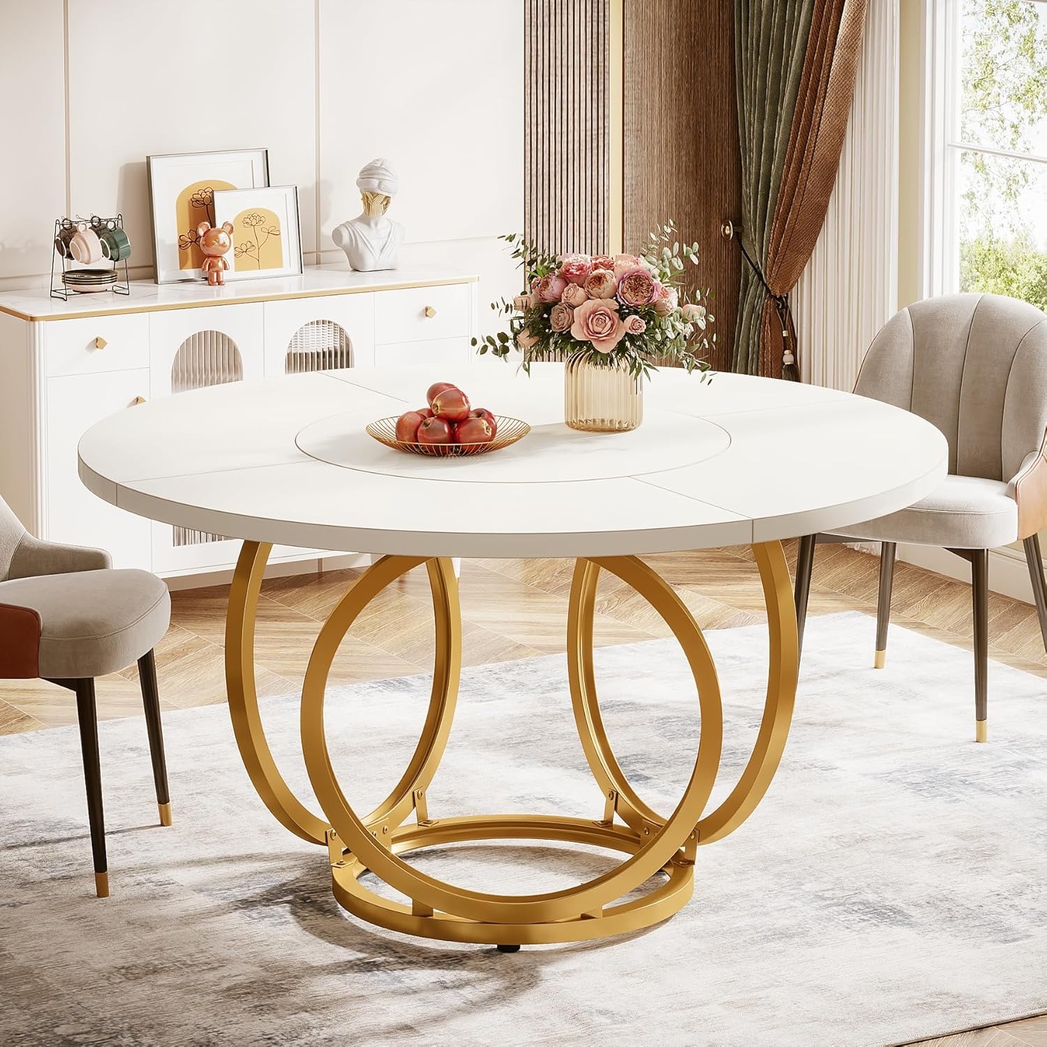 Image of 4-seater Round Dining Table, White Kitchen Table With Golden Metal Base, Wooden Dining Table, Coffee Table For Kitchen, Dining Room (120 X 120 Cm, White And Golden)