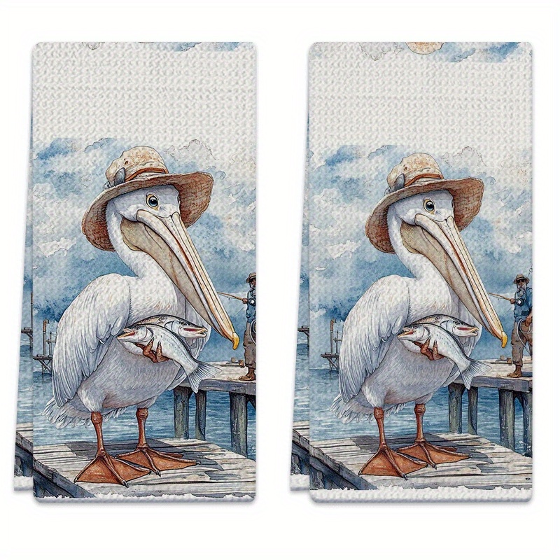TEMU 2pcs Dish Towels 18x26 Inches Featuring , Fish, And Docks, Made Of Microfiber For Absorbing Water, Suitable For Home Kitchen Cooking, Baking,