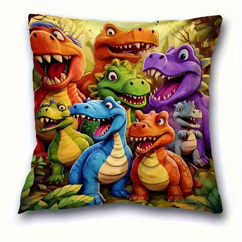 TEMU 1pc Contemporary Abstract Throw Pillow Cover- Vibrant Cartoon Dinosaur Print, 18x18 Inch, Machine Washable For Home, Office, Party Decor, Dinosaur Room Decor