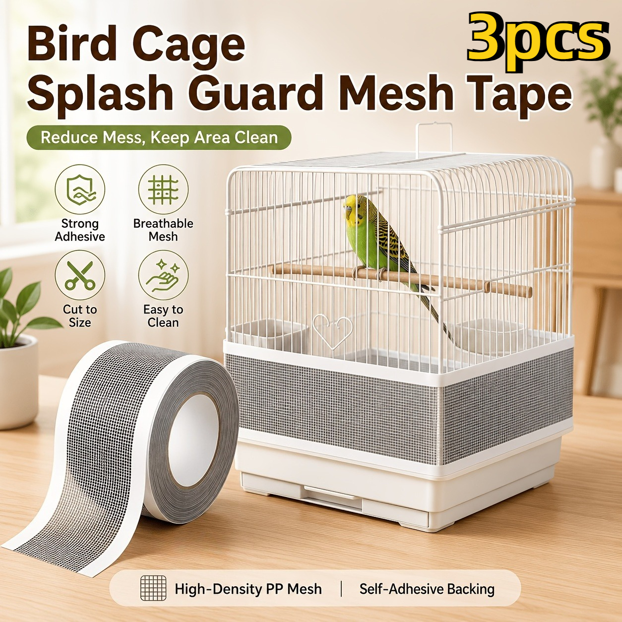 TEMU 3pcs Bird Cage Splash Guard Mesh Tape, Breathable Adjustable Bird Cage Seed Guard Additions