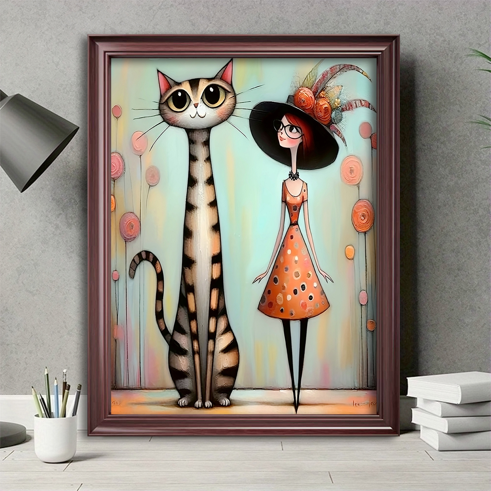 

Cartoon Girl & Cat Canvas Art Print - 12x16" Wall Decor For Living Room, Bedroom, Office, And More - Unique Animal-themed Poster New Year, Christmas, Thanksgiving, Room Decor