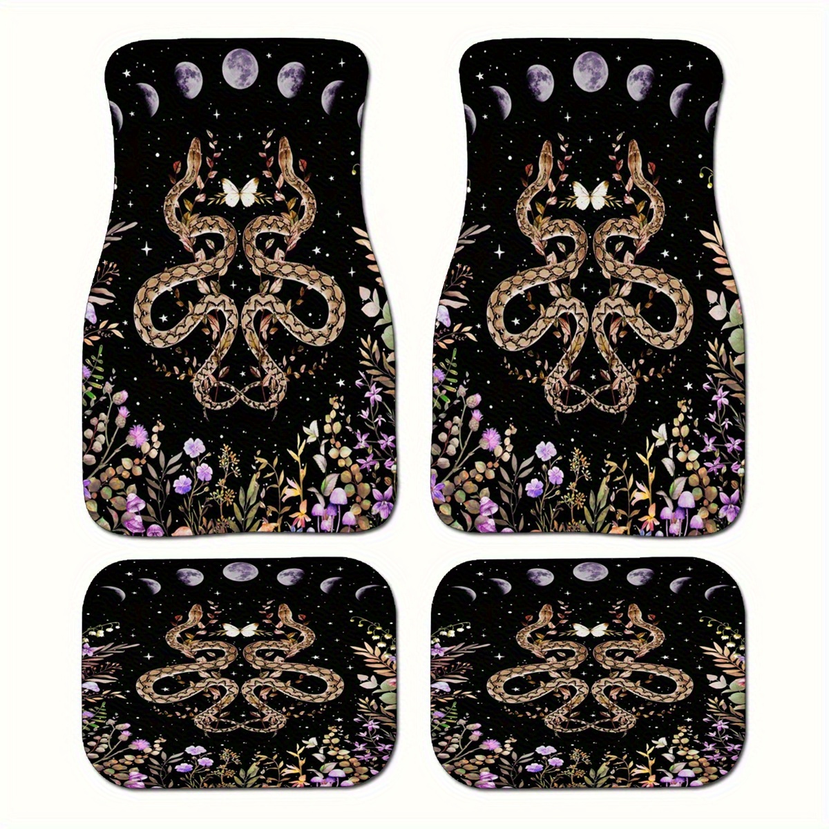 TEMU 4pcs And Moon Phases Pattern Print Car Floor Mats Set - Front & Rear Full Coverage Auto Interior Accessories, Vehicles Floor Mats Suitable For