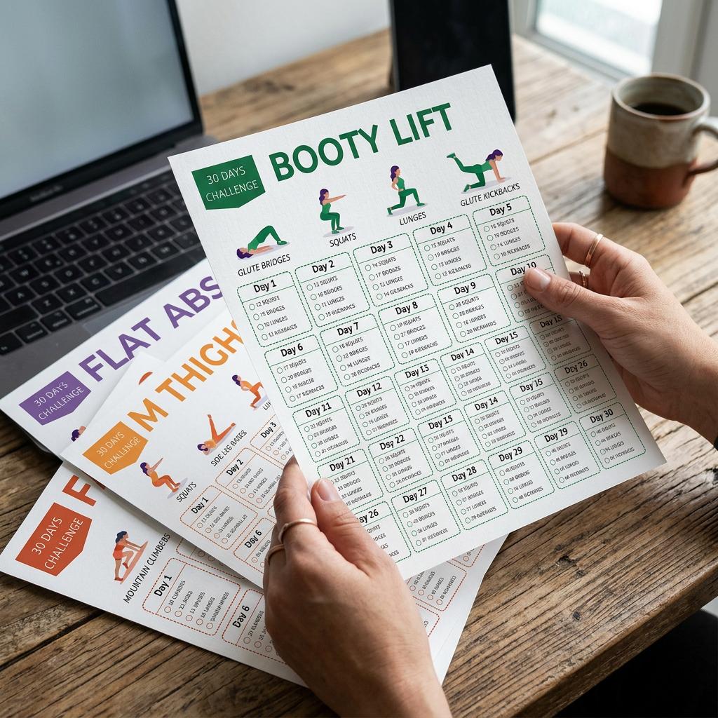 TEMU Set Of 4 Fitness Poster Cards, Double-sided Printing, 30-day Home , Yoga Fitness Exercise Guide, Including Flat Abs, Slim Thighs, , , Suitable