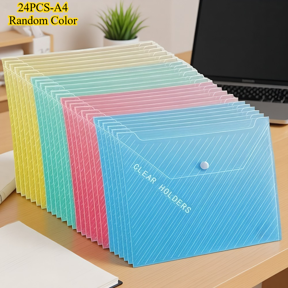 TEMU ARXR Lot de 24 pochettes A4 à boutons-pression en plastique avec texture sergé, couleurs aléatoires, porte-documents polyvalents pour scolaires