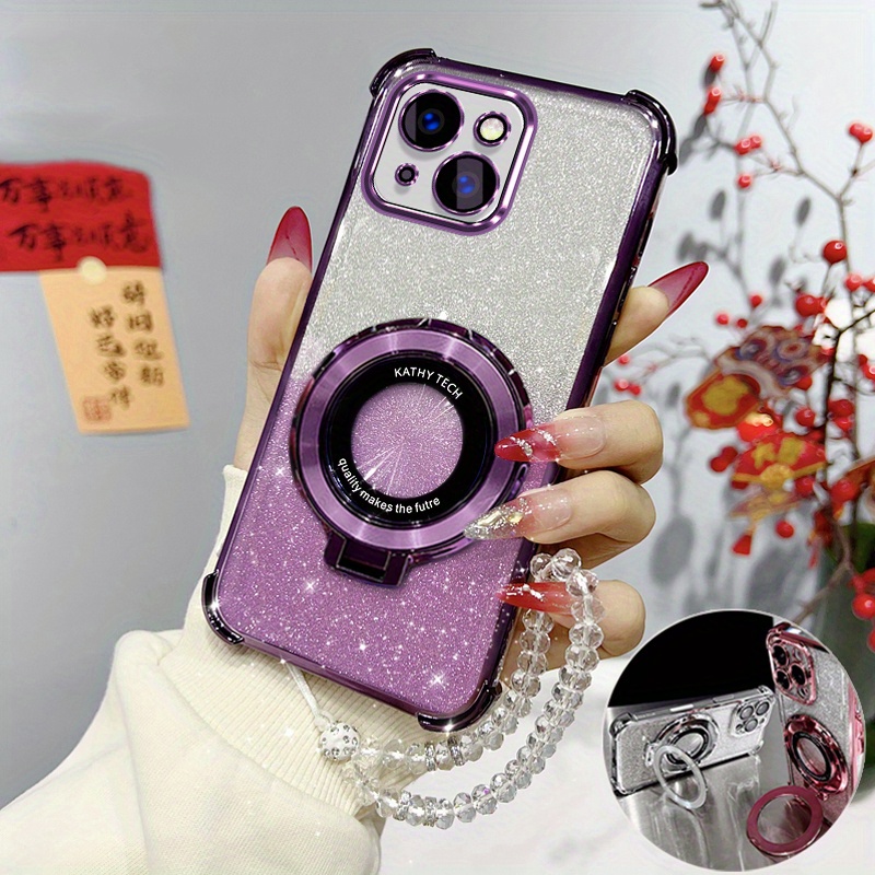 TEMU Phone Case: For Iphone13 Clear Lanyard Bracelet Chain Luxury Plating Ring Holder Stand Case For Iphone 13 Shockproof Protection Gradient Glitter