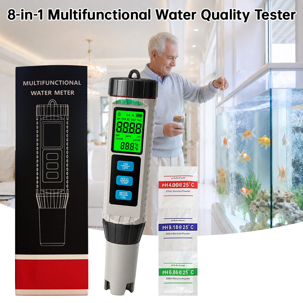 Image of High Accuracy Water Quality Tester, Lcd Backlight Test Pen | Ph/tds/ec/orp/salinity/s.g./free (cl)/°c & °f Temp Detector, Portable For Drinking Water, Aquarium, Swimming Pool, Hydroponics