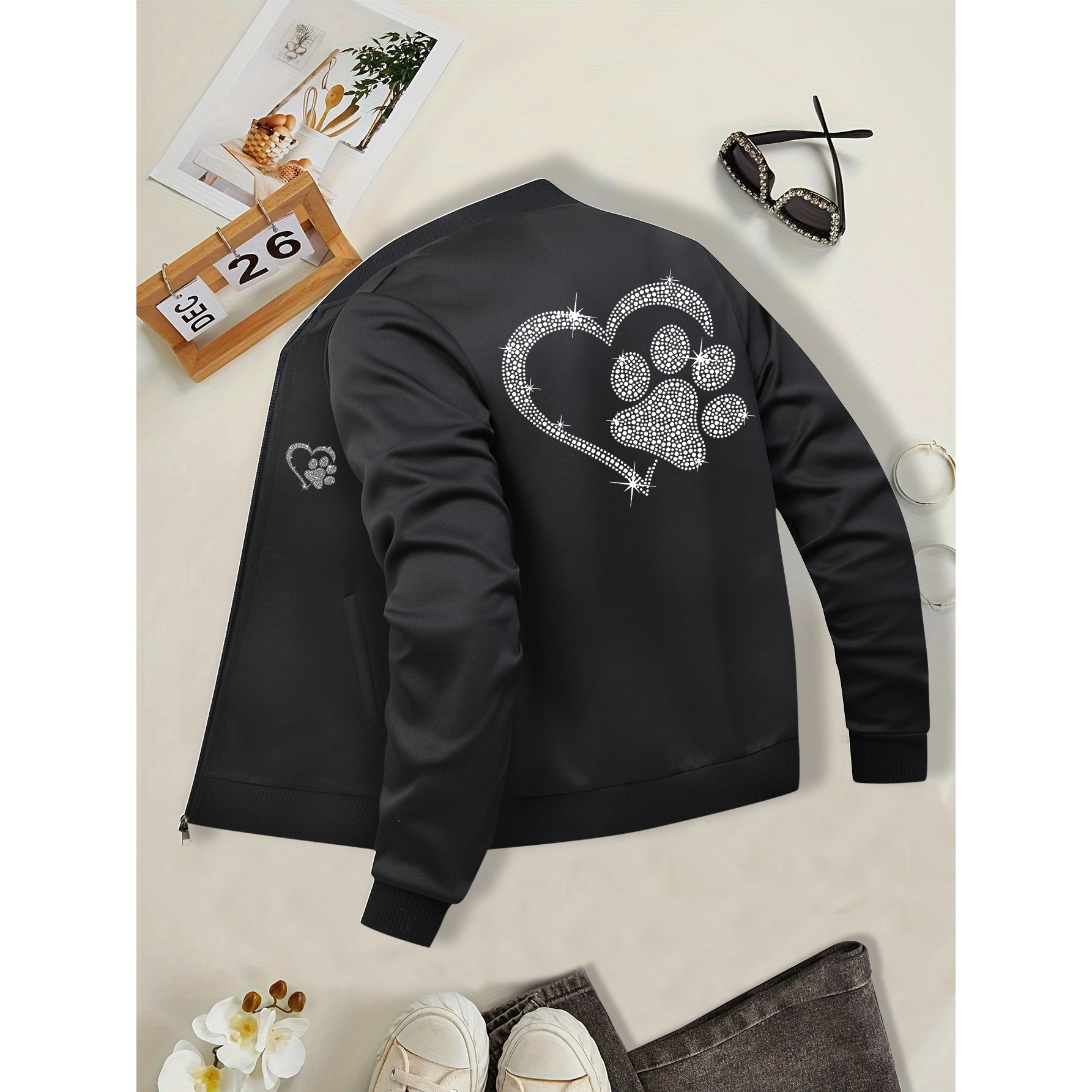 

1pc Women's Casual Polyester Jacket & Paw Print, Long Sleeve Stand Collar Zip-up With Pockets, Knit Fabric Outerwear