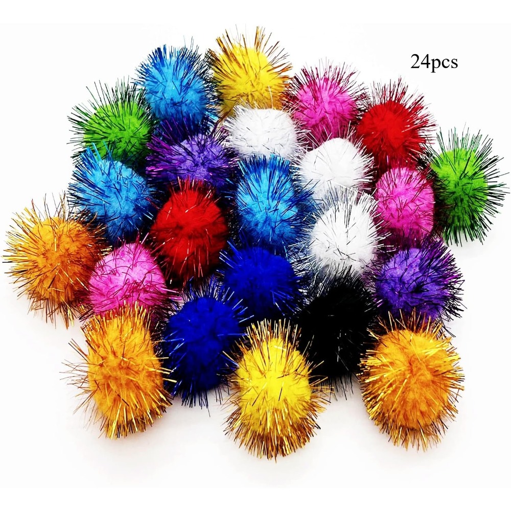 Image of 24pcs Multicolor Cat Ball Toys With Tinsel & Glitter - 1.77 Inch Sparkle Pom Poms, Soft -like Fluffy Balls For Kittens, Interactive Play, All Breeds & Sizes, Party Decorations ()