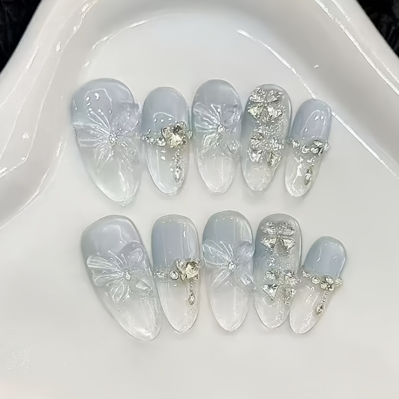 TEMU Calcomanías de Uñas Removibles Estilo Western Ins con de Diamantes de , 3D Degradado Azul Neblinoso, Tamaño Específico, 10 unidades