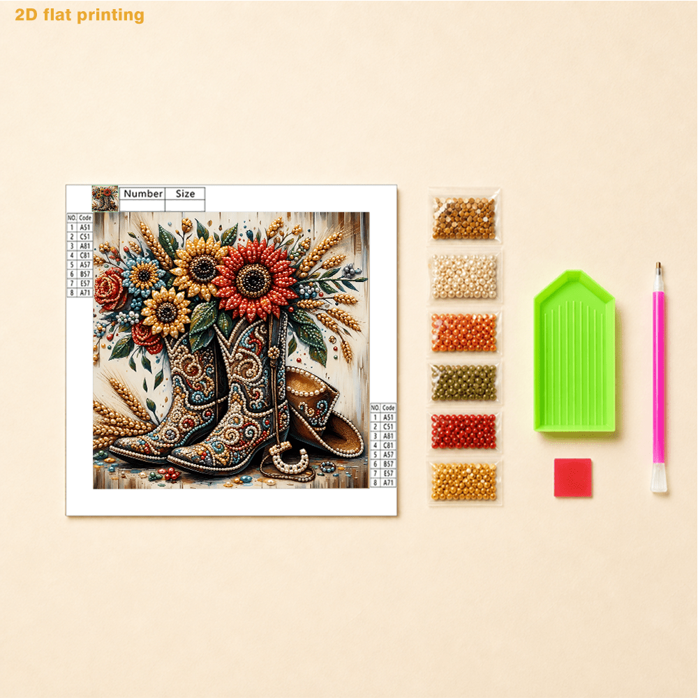 TEMU 2d Flat Printing, Pearl Art Kit - Cowboy Boots Sunflowers And Pattern, Includes Round Pearls, Sparkling Gems, Clear Symbols, Complete Tool Set