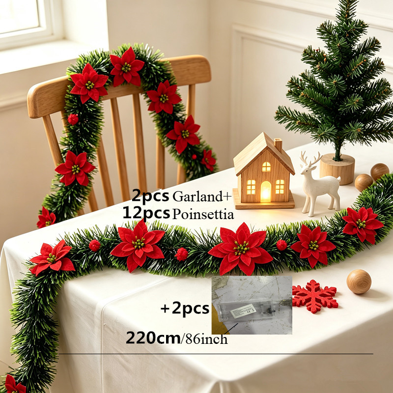 TEMU 220cm 16pcs/set Red Poinsettia Christmas Garland, Christmas Dark Tip Tinsel Garland Poinsettia Shining , Indoor Outdoor Xmas Decor For Fireplace