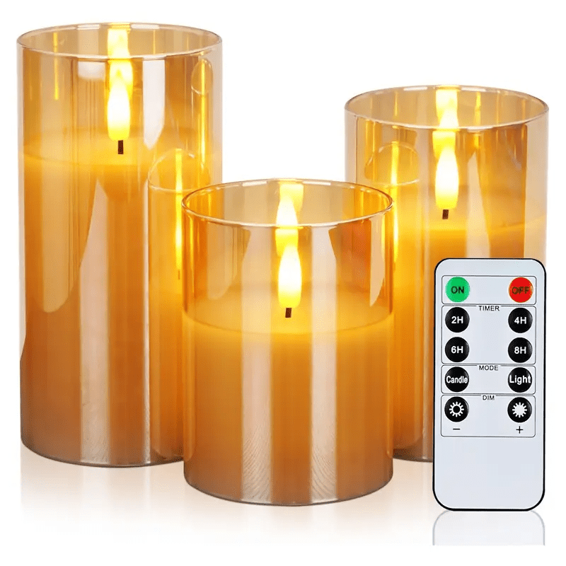 TEMU 3pcs Realistic Flameless Led Candles With Remote & Timer - 4"/5"/6" Battery-powered Pillar Candles, Flame Effect, Plug-free Operation For Home,
