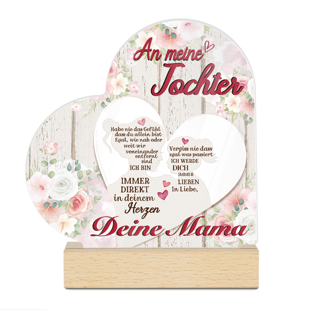 Image of 2d Flat, Putuo Decor 1pc German Heart-shaped Acrylic Sign With Wooden Base, Table Decor - "to My Daughter, Never Feel Alone, How Near Or Far Apart ," Desktop Decoration For Home, Room, Gift