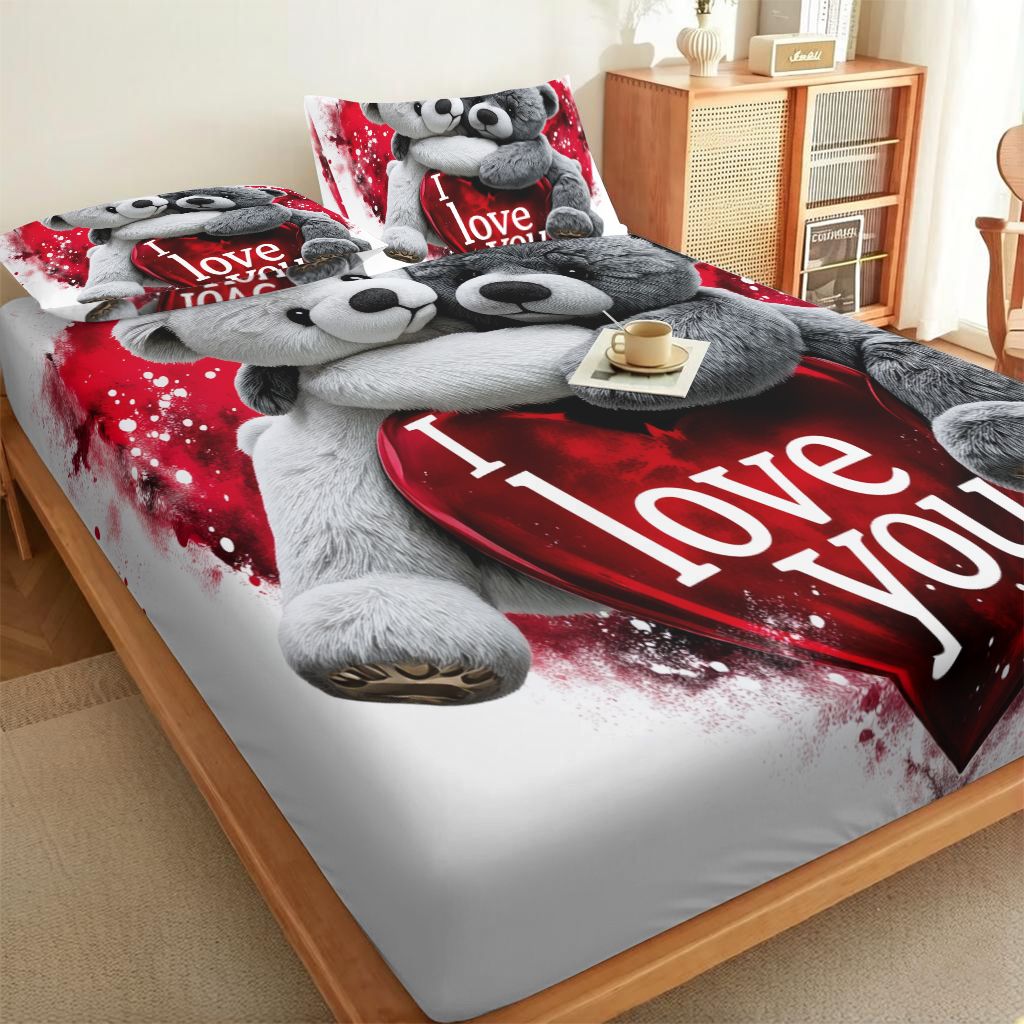 TEMU -1pc Love Heart Red White Pattern Fitted Sheet, Breathable And Soft, Machine Washable, For Bedroom Student Dorm, With Deep ( 1pc Fitted