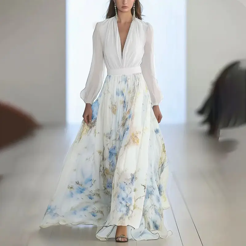 womens elegant deep v neck floral print maxi dress with long sleeves a line waist ruffle hem light blue golden spring summer vacations vacation dress boho polyester fabric Product details 1