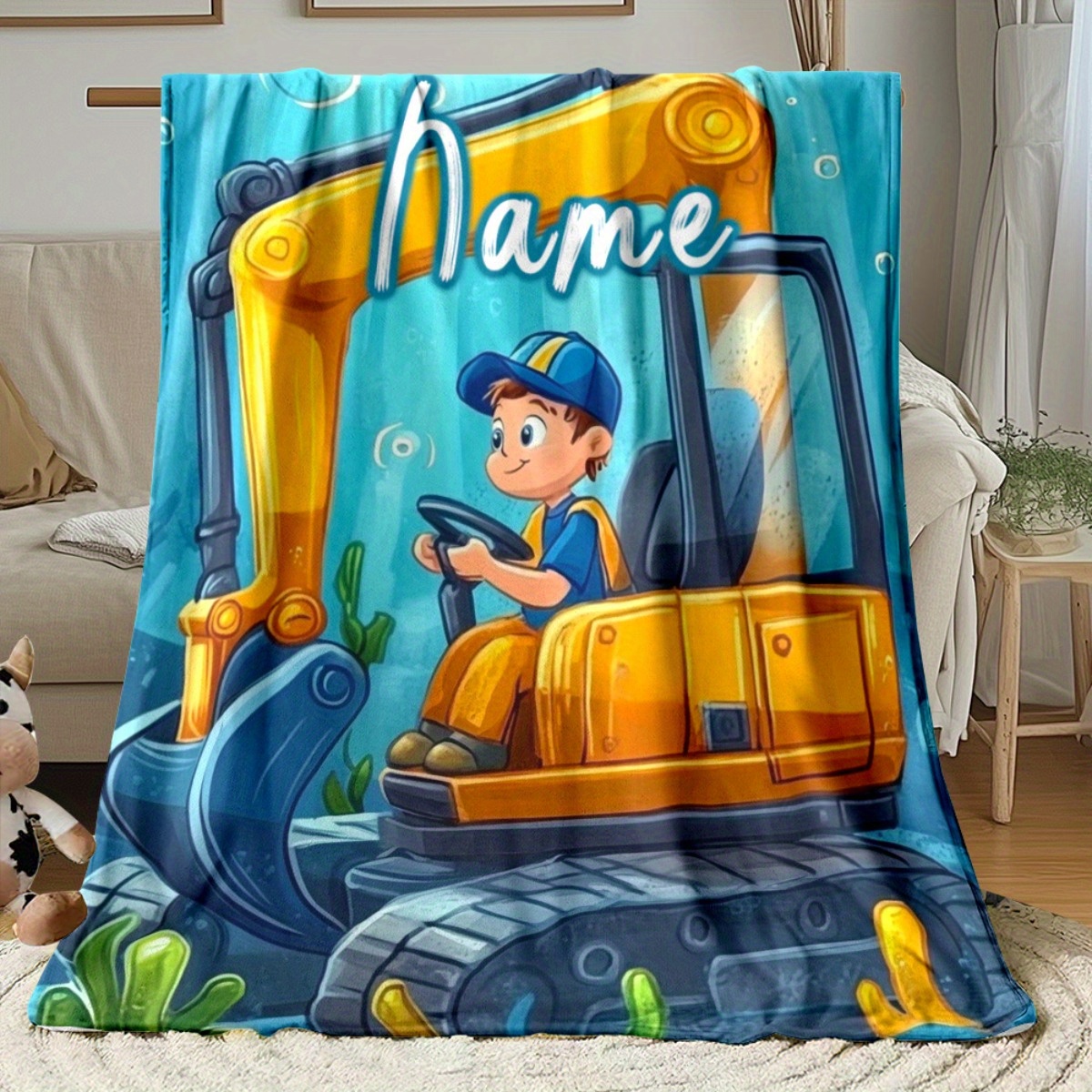 TEMU 1 Custom Name Excavator Portable Blanket - Lightweight Flannel With Vibrant Cartoon Design, For Sofa, Bed, Travel, Camping And Living Room Decor
