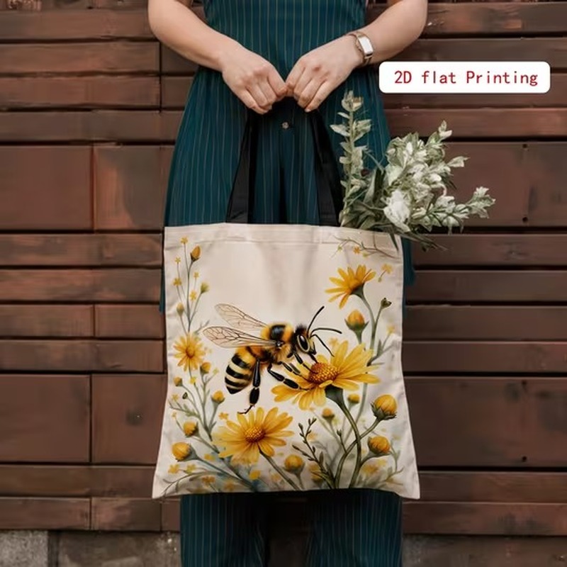 TEMU 1pc Large Capacity Bee And Daisy Print Tote Bag, Suitable For Daily Commuting, Shopping, Short Trips, And Daily Shopping, Style, Size