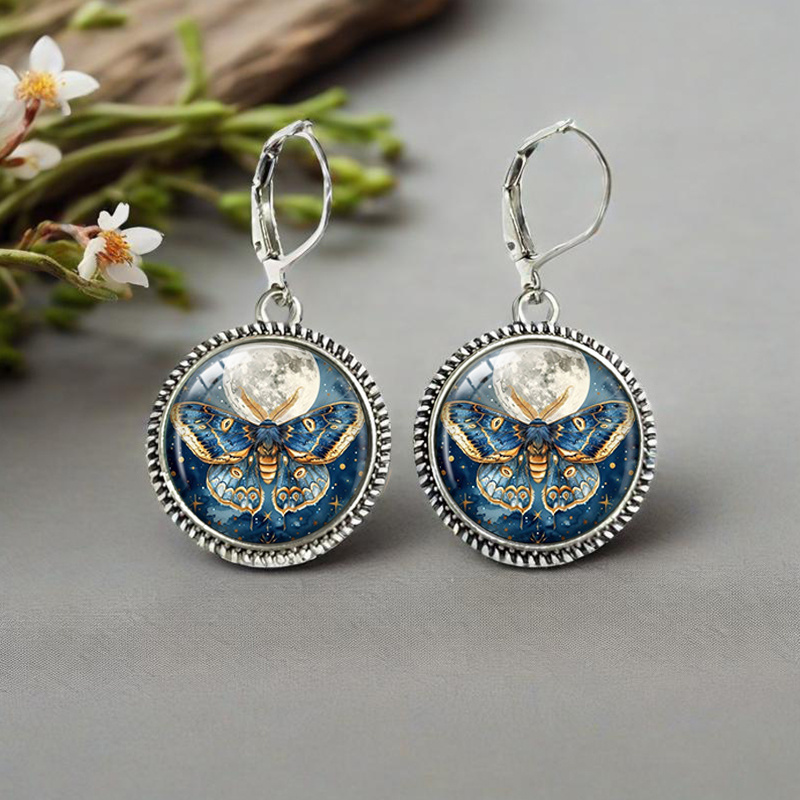 TEMU 1 Pair Of And Moon Vintage Earrings Round Glass Earrings, Without Battery