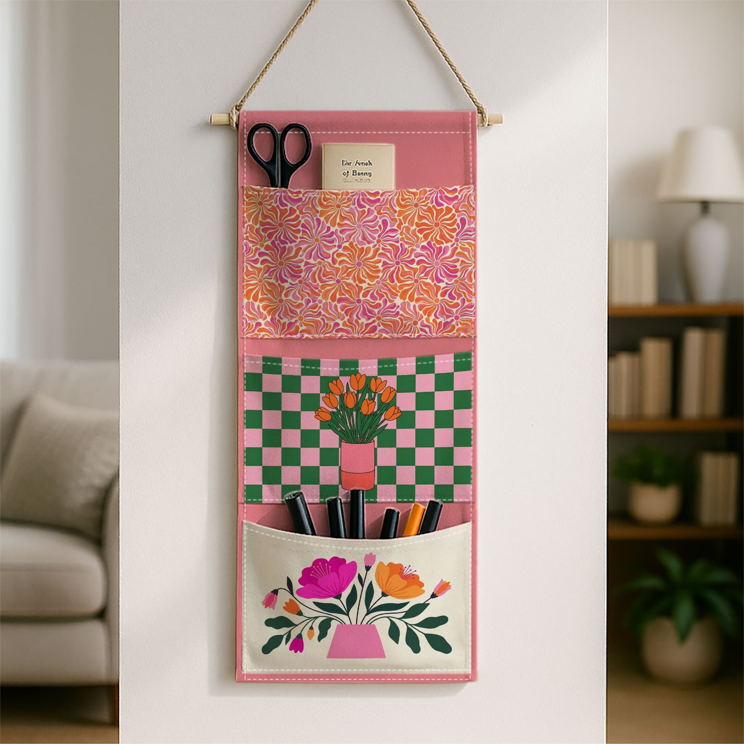 TEMU 1pc Retro Boho Wall-mounted Storage Bag - Vibrant Checkered Botanical With Suitable For Closets, Bedrooms, Bathrooms, Canvas Shelf For Towels,