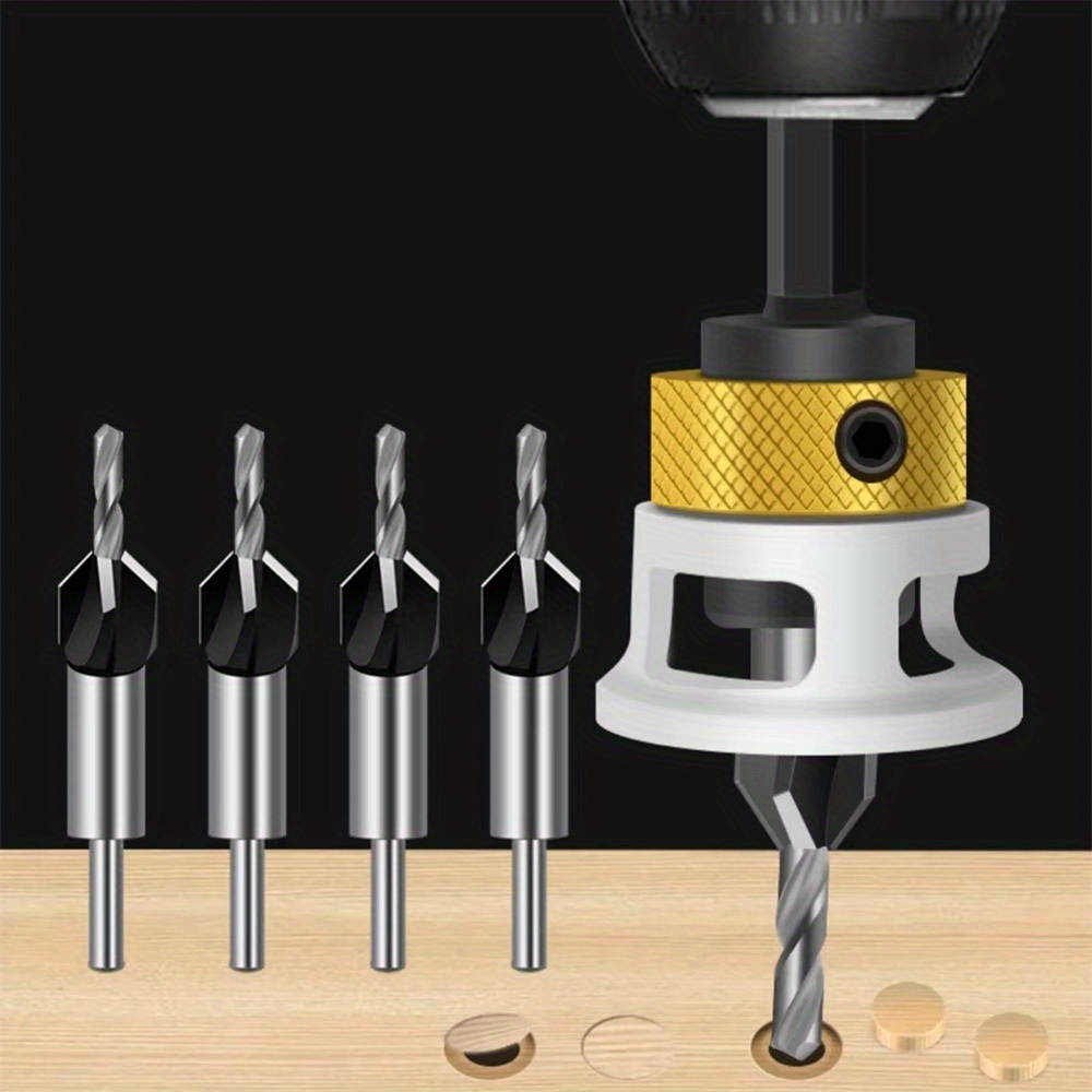 Image of Set Of 4 Countersunk Drill Bits Measuring 2.8x8 Mm, 3.2x8 Mm, 3.5x10 Mm, And 4x10 Mm (each Featuring A 3/8 Inch 82° Countersunk Hole And A 1/4 Inch Hex Shank), Along With A Hex Wrench