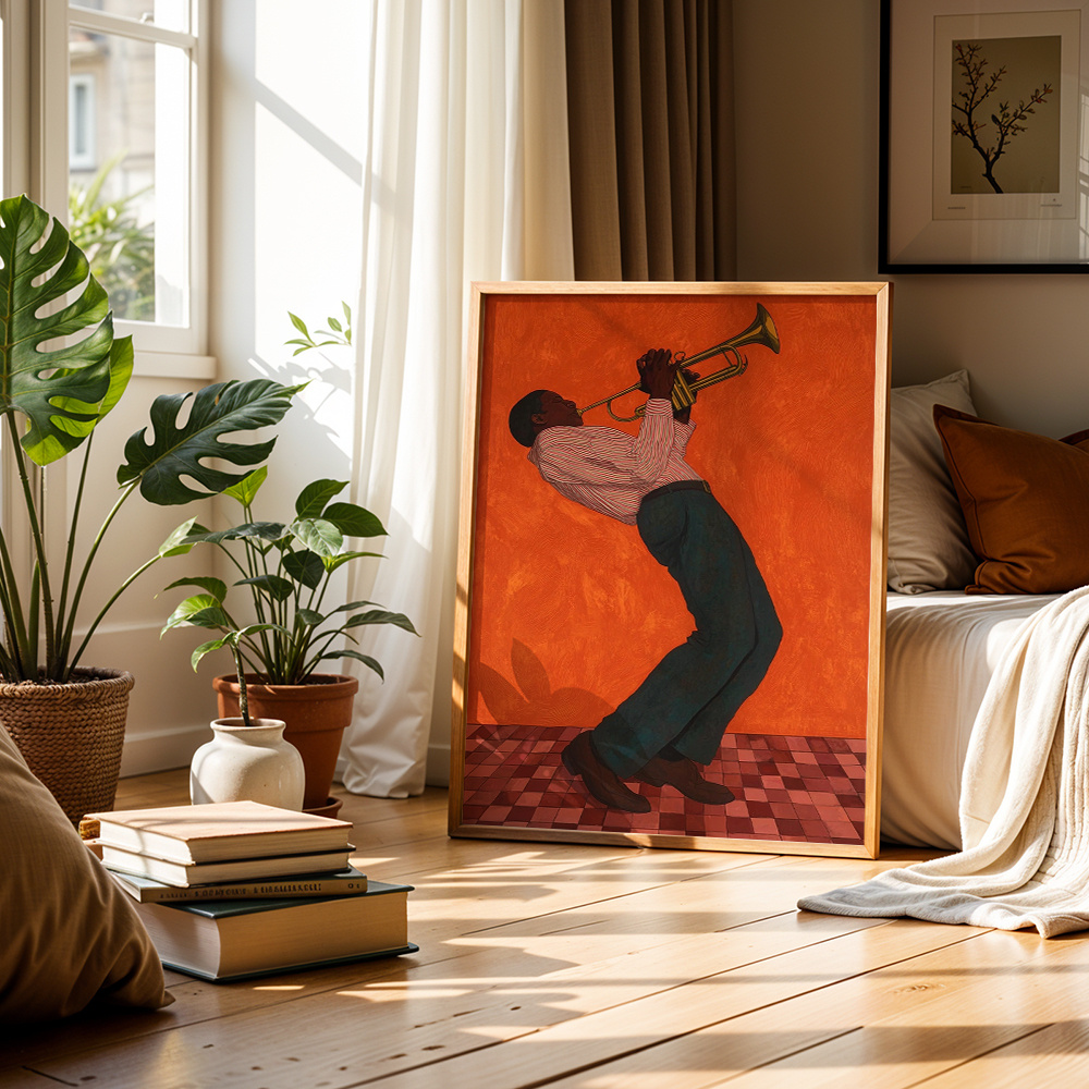TEMU 2d Flat, Retro Style Wall Arts Jazz Musician Playing Trumpet Posters Vibrant Orange Background Canvas Prints Wall Decor Canvas Art Print For