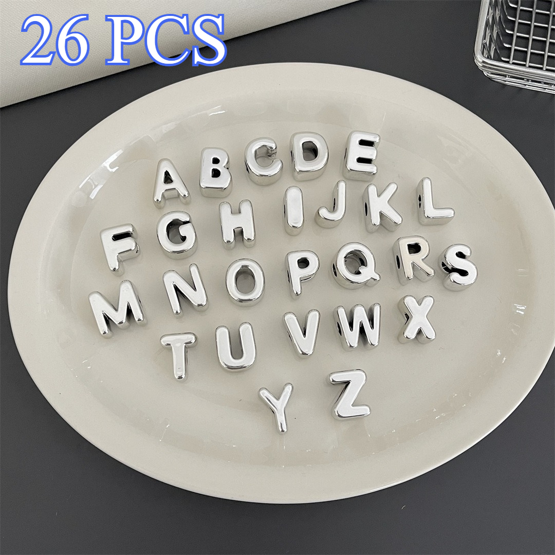 TEMU 26pcs Silvery Smooth Letter Beads, Acrylic Horizontal Hole Loose Beads, Clothing Decor Additions, Craft Supplies For Party, Stage & Home