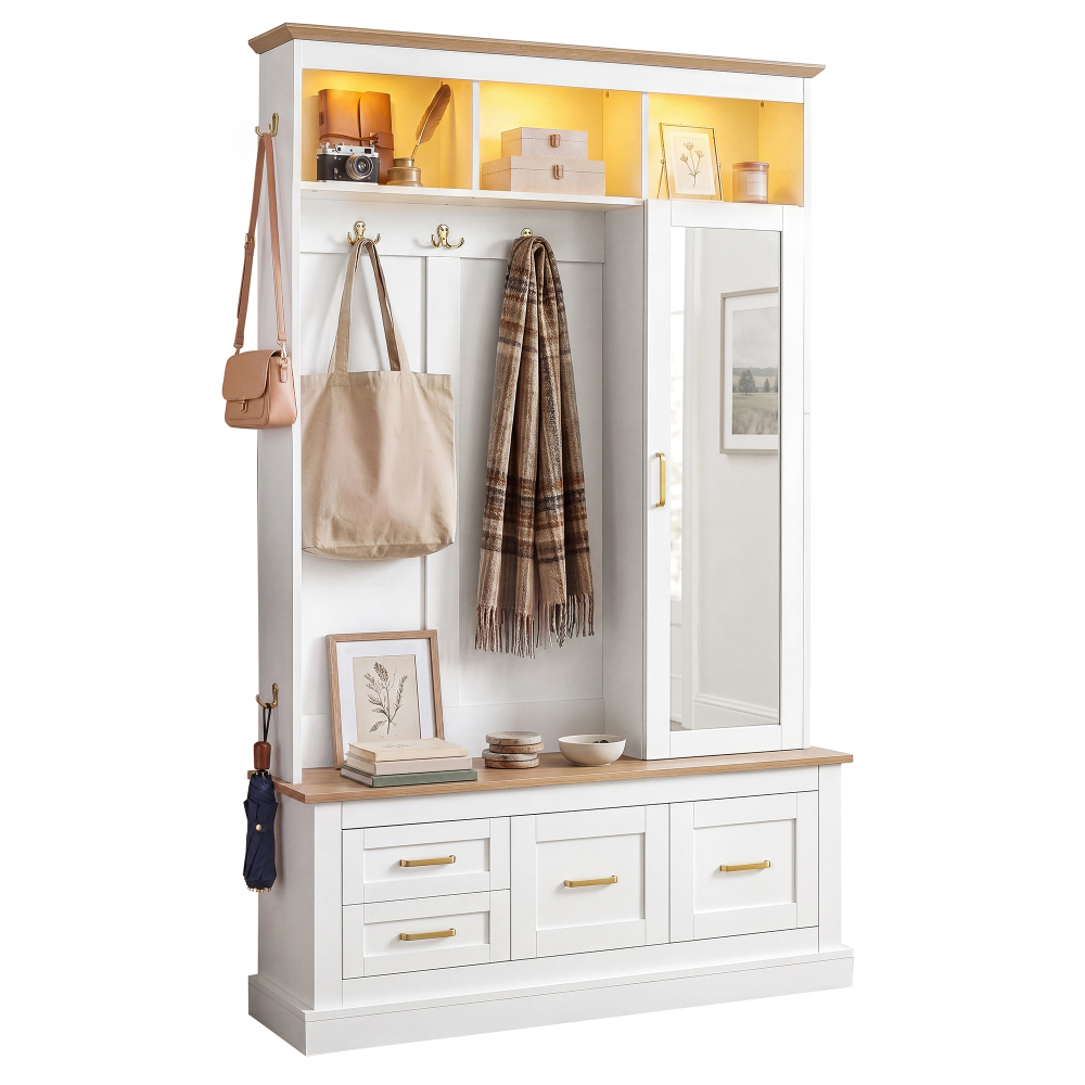 Compact Coat Rack With Mirror And Bench, Hallway Coat Rack With Shoe Cabinet And Hooks, Compact Coat Rack, Hallway Furniture Set, Hallway Wardrobe Cabinet And Mirrored Door Chest, White