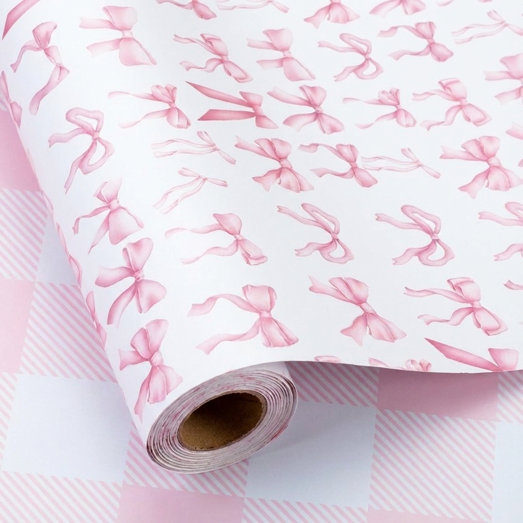 Image of 1 Roll Bow Wrapping Paper - Pink And Golden Glitter Bow With Heart Cutout Design | Elegant Girl Gift Wrap For Birthday, Wedding, Valentine's, Christmas | 19.69 X 27.56 Inches | Soft Pastel