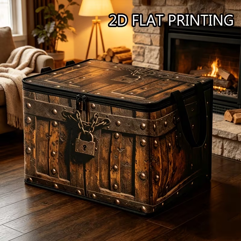 TEMU 1pc Vintage 2d Printed Foldable Soft Fabric Storage Box, High-definition Print, Double Zipper Design, Large Capacity For Storing Clothes,