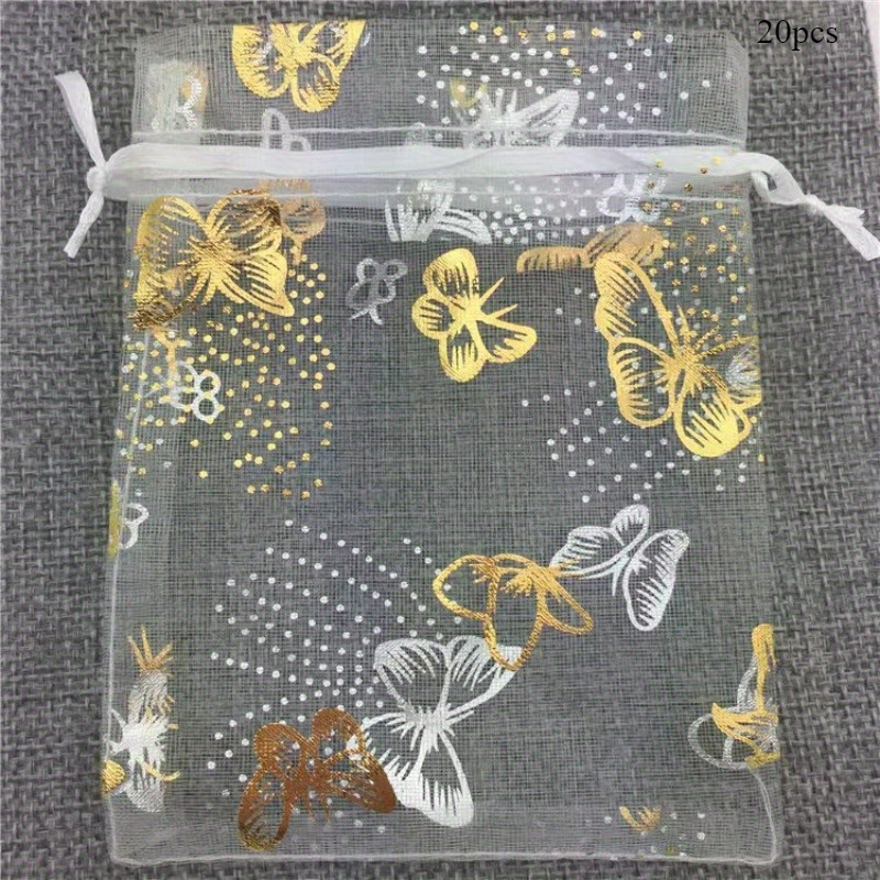 E-shop 20 Stück Kleine Organza Geschenktüten mit Kordelzug - 3.93X4.72" Transparente Mesh-Geschenktüten mit goldenem Schmetterling & Blumendesign für