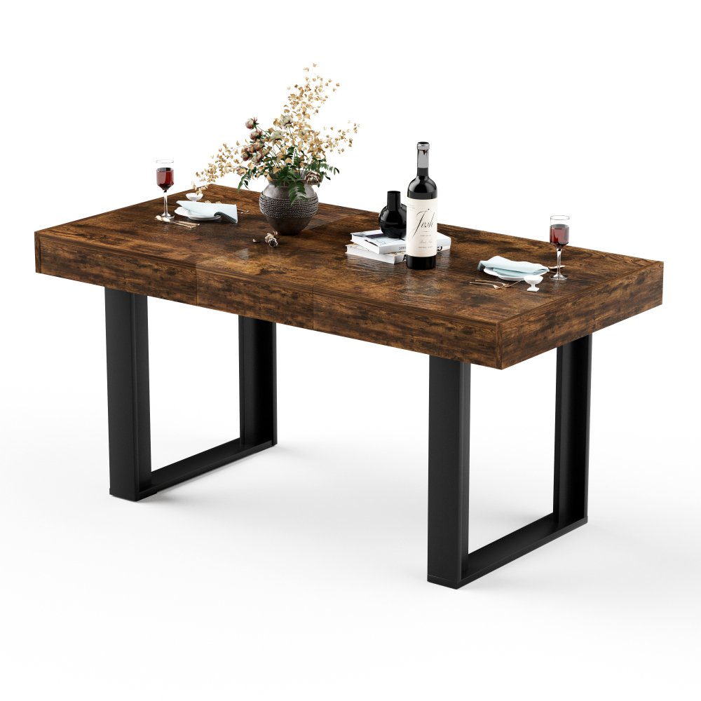 Extendable Retro Dining Table (120-160cm), Mid-century Modern Wooden Kitchen Table Seats Up To 8, Rustic Brown And Black Industrial Dining Room Table