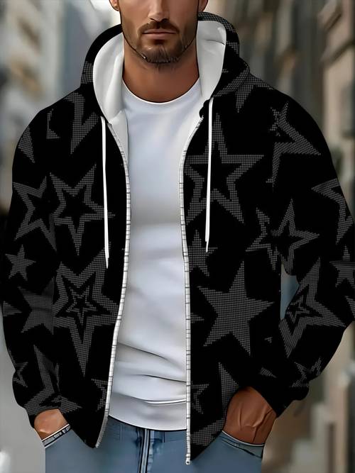 mens lightweight star pattern hoodie for casual and urban style black with white drawstrings durable and comfortable wear for daily use