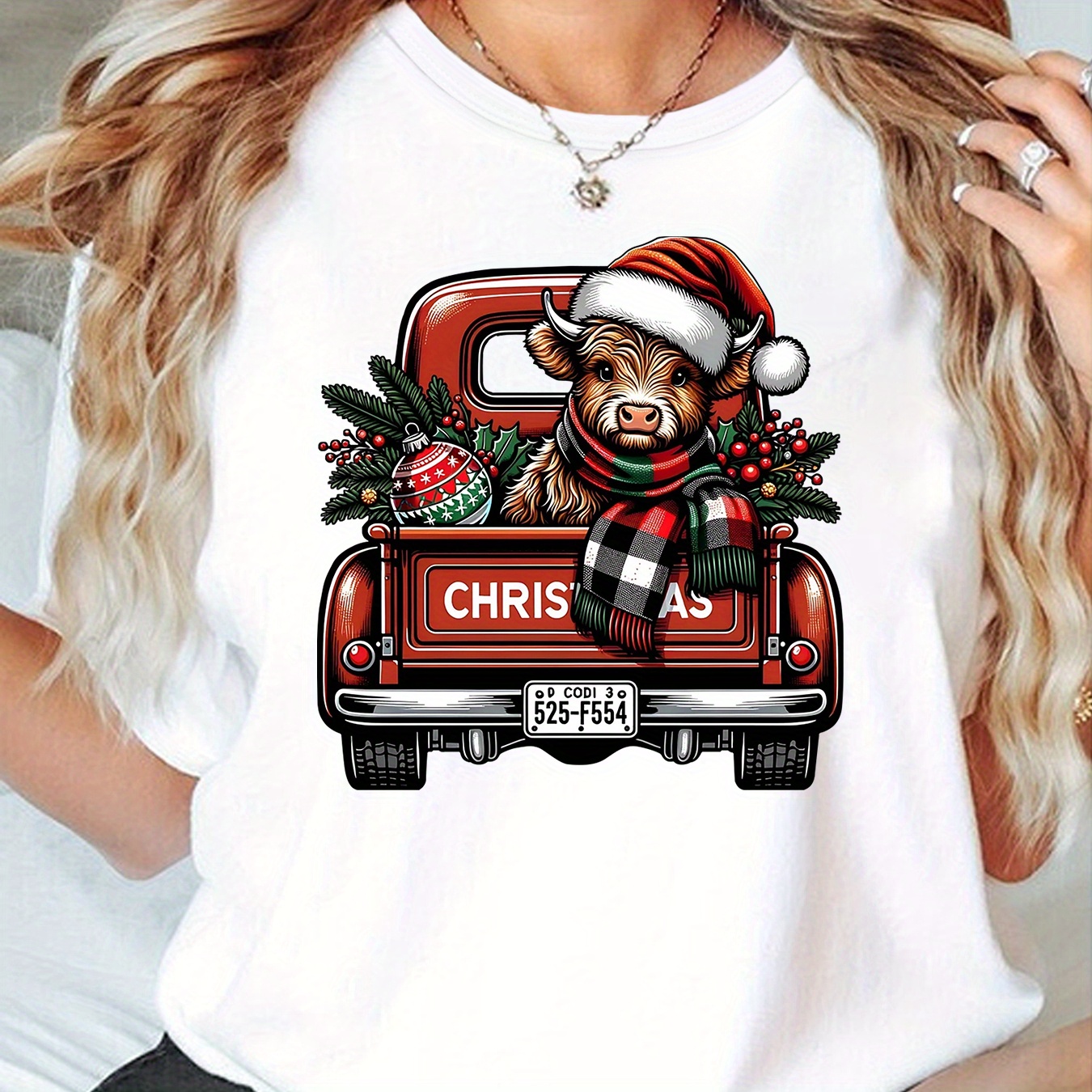 

Women's Christmas Cow In Round T-, Sportswear, Polyester , Pattern, Top
