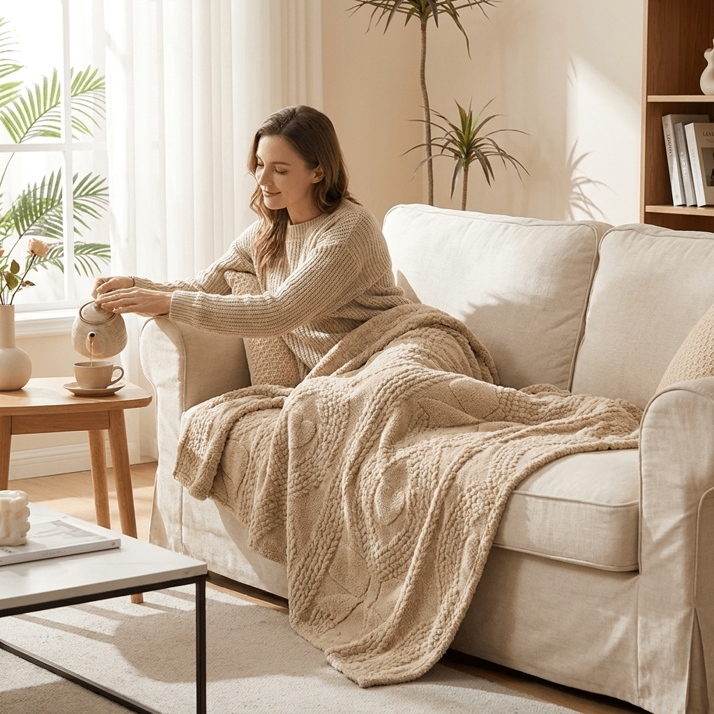 Image of Fine Jacquard Geometric Flannel Cover, Portable Plush Construction, Incredibly Smooth , Lightweight Throw, Fits Home, Workplace And Outdoor Travel Camping, Premium Gifting Blanket