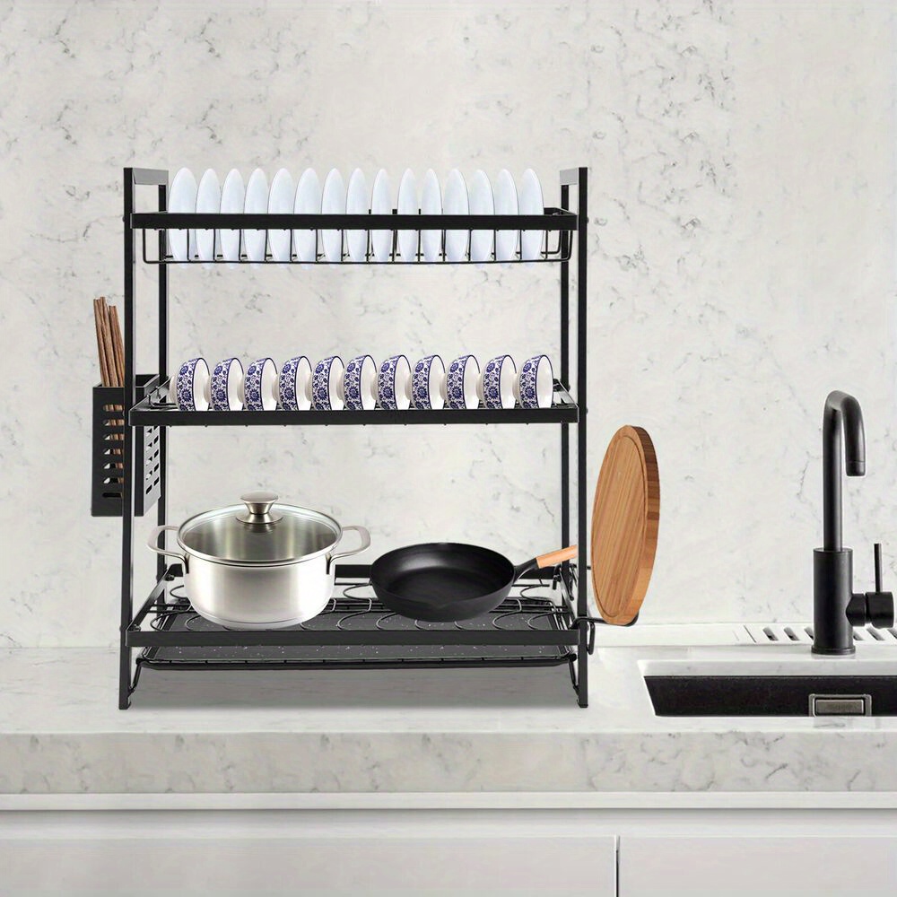 3-tier Stainless Steel Dish Drying Rack With Utensil Holder, Cutting Board Storage & Drainage - Black Kitchen Organizer For Plates, Bowls, Knives, And Chopsticks, Dish Drying Rack For Kitchen Counter