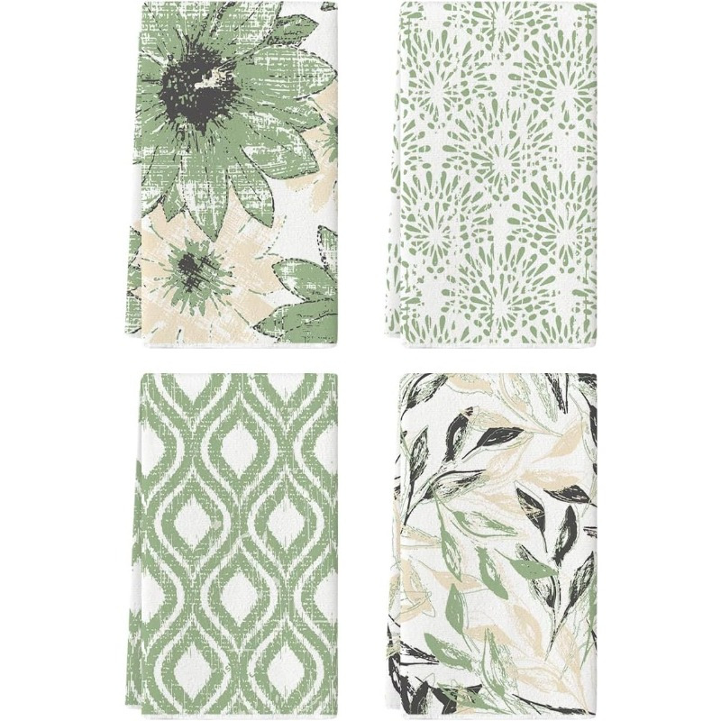 

4pcs Green Floral Leaves Boho Kitchen Towels Dish Towels, 18x26 Inch Seasonal Spring Summer Decorative Hand Towels