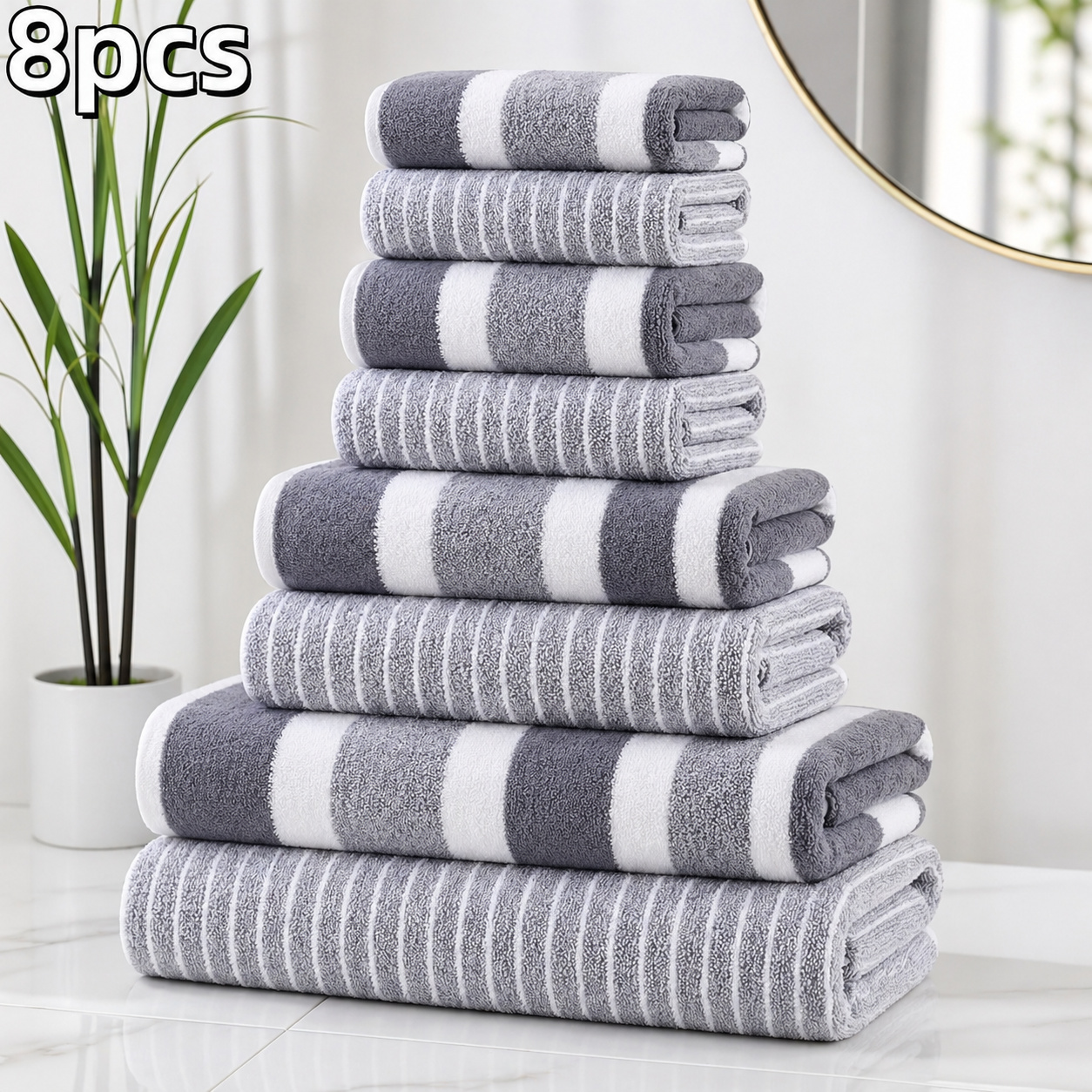 8pcs Set, Super Absorbent Bath Towels, , Striped Bath Towel Combination, High- Bathroom Towel Set, Including 2 Bath Towels, 2 Hand Towels, 4 Washcloths, Suitable For Bathrooms, Spas, And Hotels
