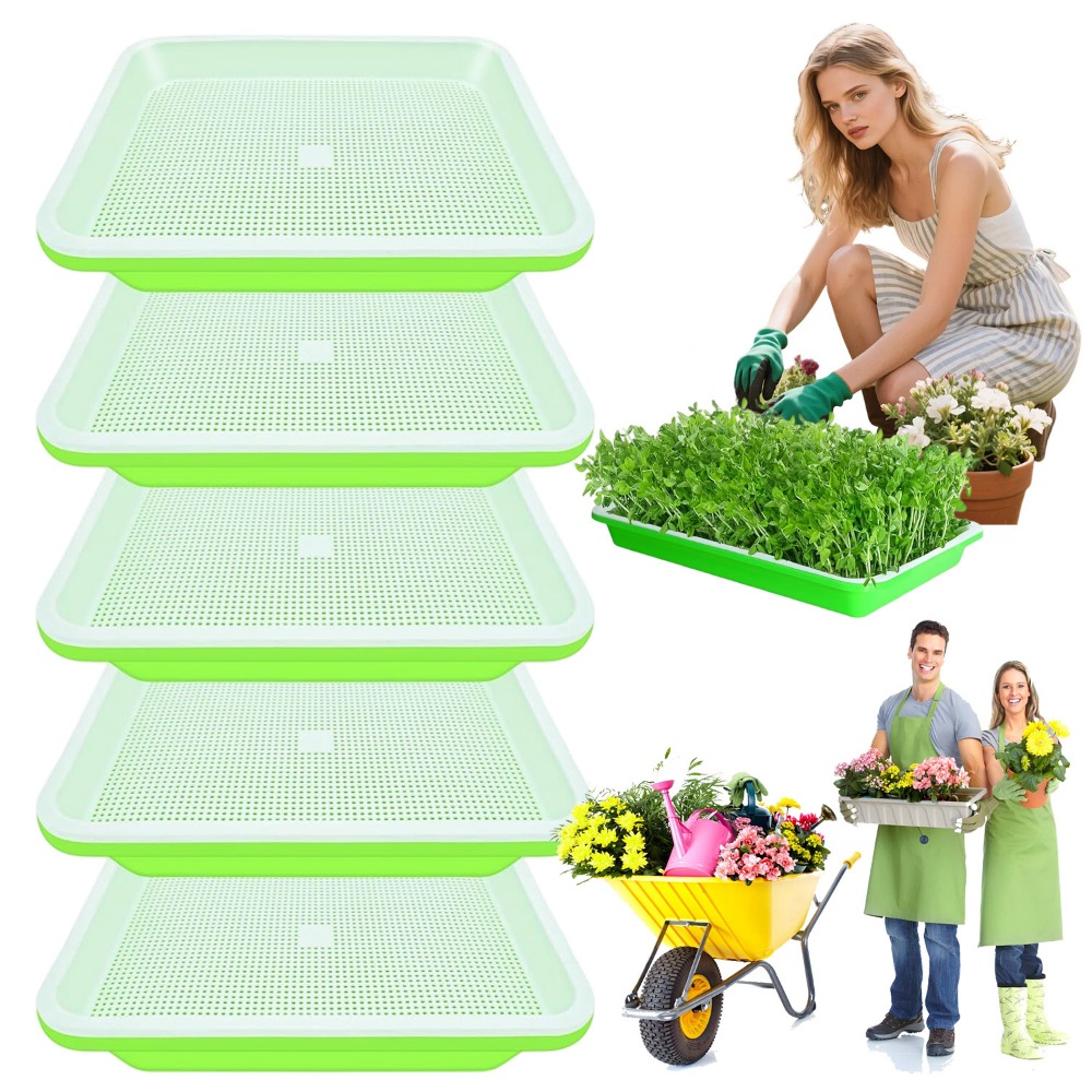 Image of Set Of 5 Green Seedling Trays: Featuring A Mesh Design For And Drainage-sturdy, Durable, And Ideal For Germinating Garden Plant Seeds.