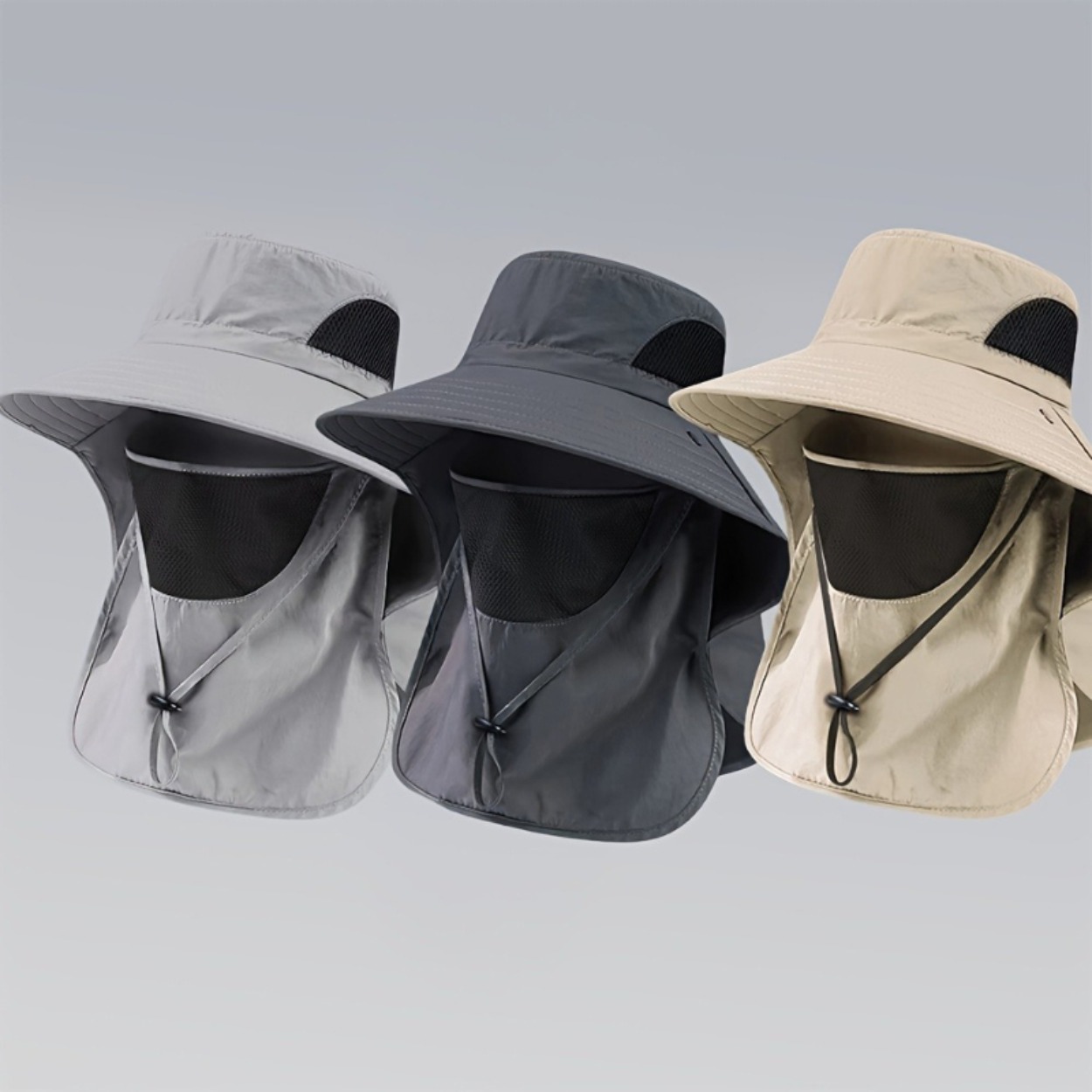 TEMU 3pcs Outdoor Sun , Men's Neck - Quick Dry Woven Bucket Hat, Adjustable Visor, Breathable Mesh With Removable Face Shield, Suitable For Unisex,