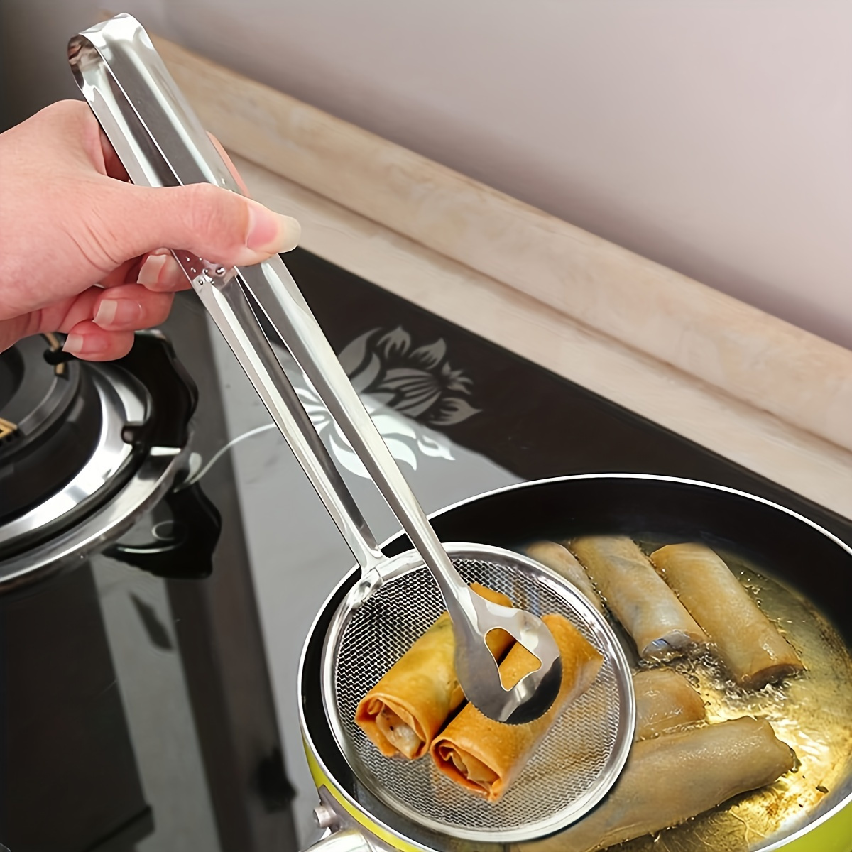 TEMU Stainless Steel Oil Filter Mesh Screen - High Temperature Resistant Oil Ladle And Food Tongs For Dumplings And - Heat Resistant Kitchen Tool,