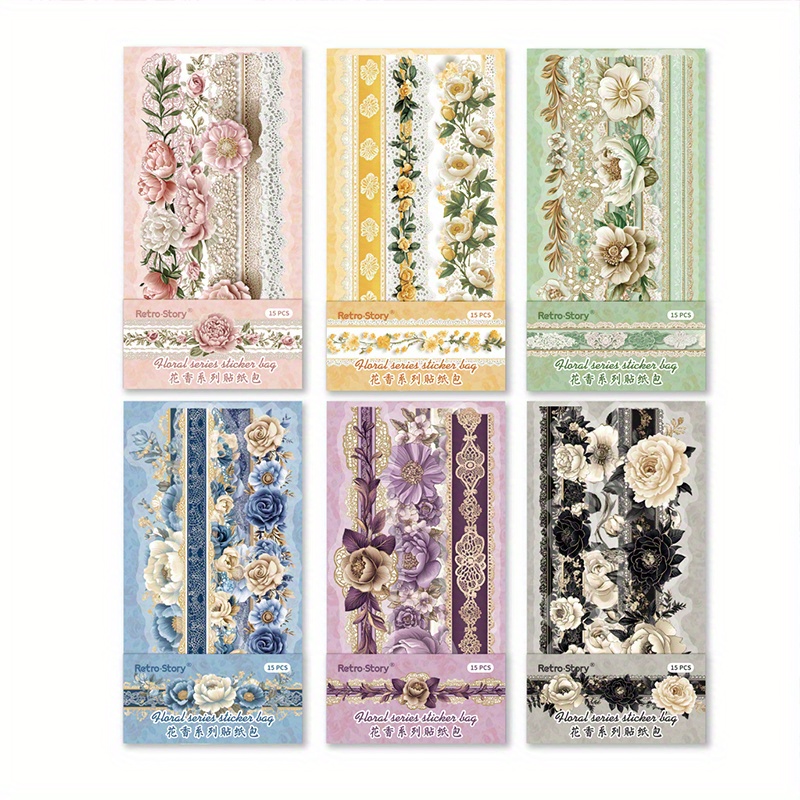 90 Pcs(6pcs) Vintage Botanical Design Floral Journal Stickers Elegant Romantic Long Strip Pet Decals For Planners(15pcs/ Pack)